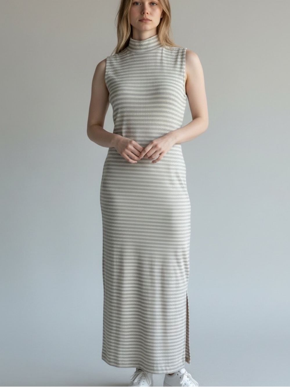 Banana Republic Sleeveless Turtleneck Striped Maxi Dress Light Gray
